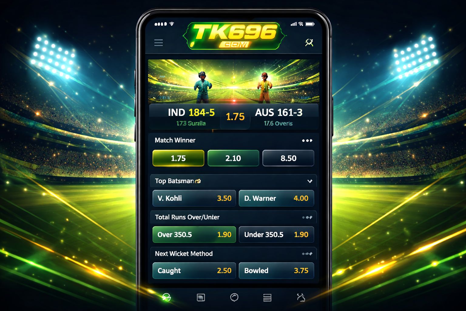 TK696 COM sportsbook interface with live cricket odds on smartphone