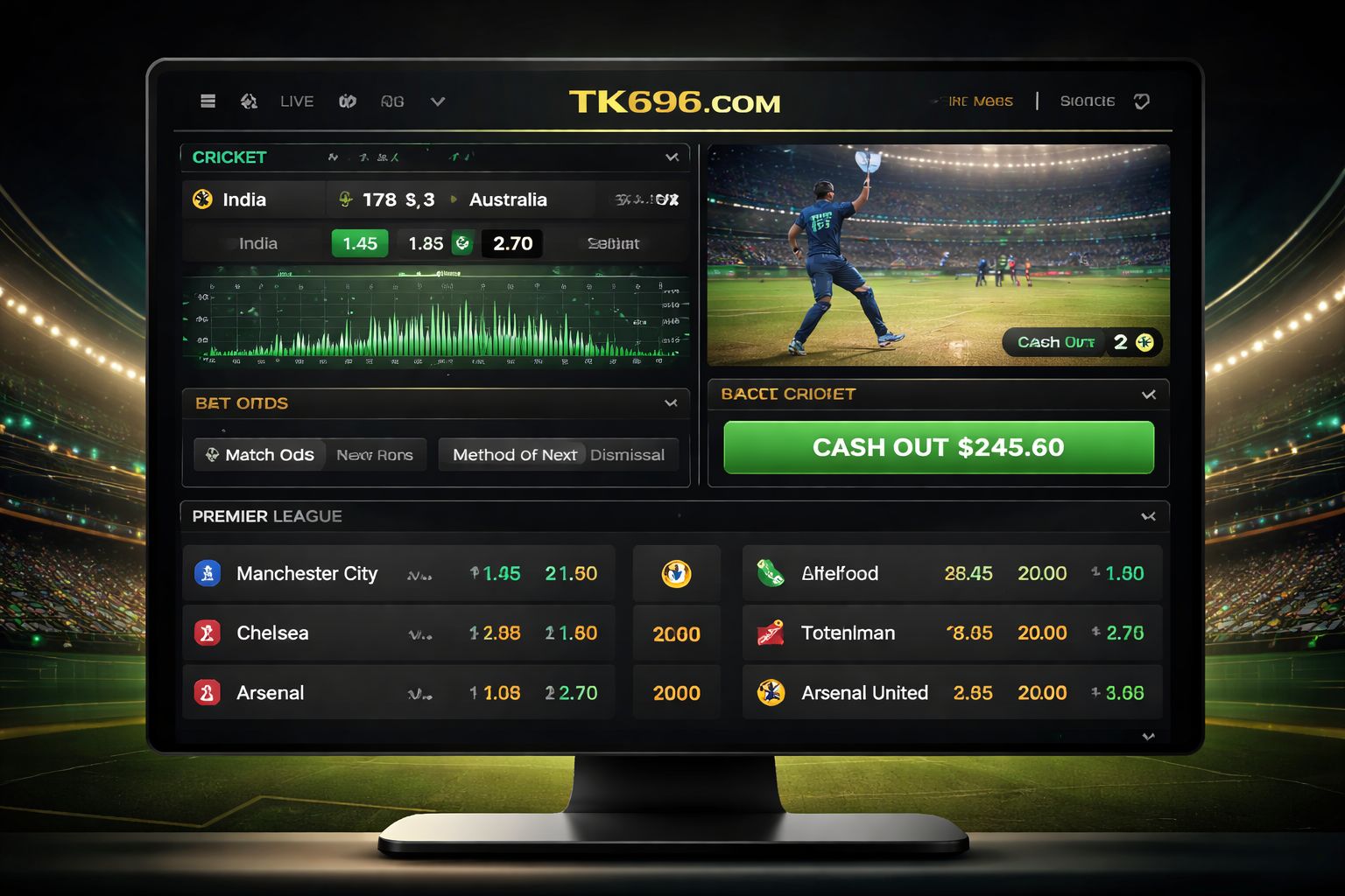 TK696 COM in-play cricket betting dashboard with football markets