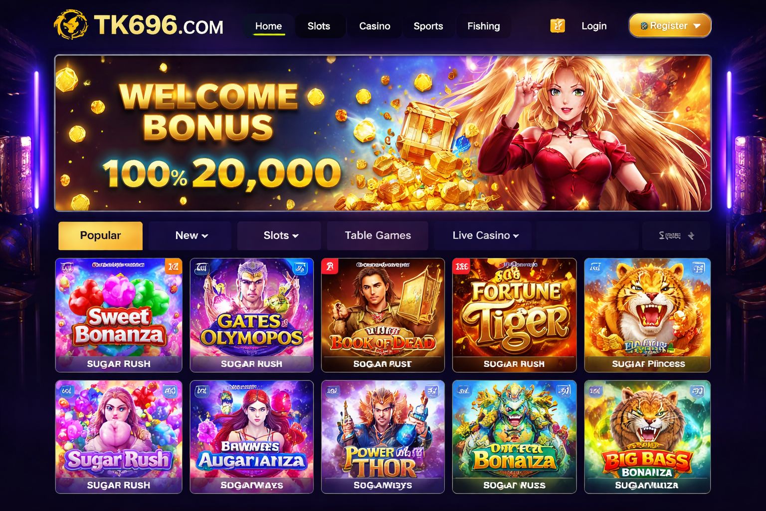 TK696 COM slot lobby showing popular reel games and jackpot counters